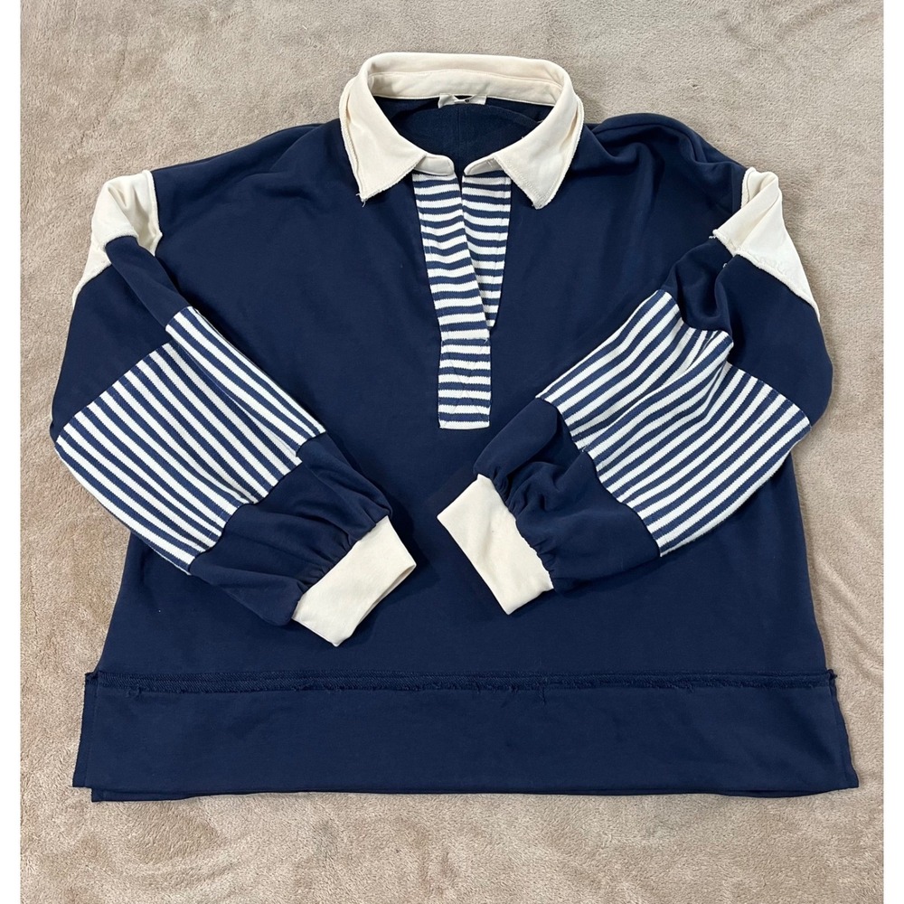 Entro Maggie Polo Top Striped Colorblock Large Blue Long Sleeve EUC